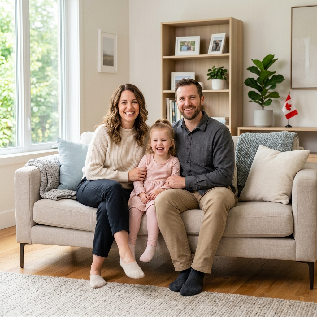Happy family sitting on a living room sofa, representing Promedent's health coverage benefit