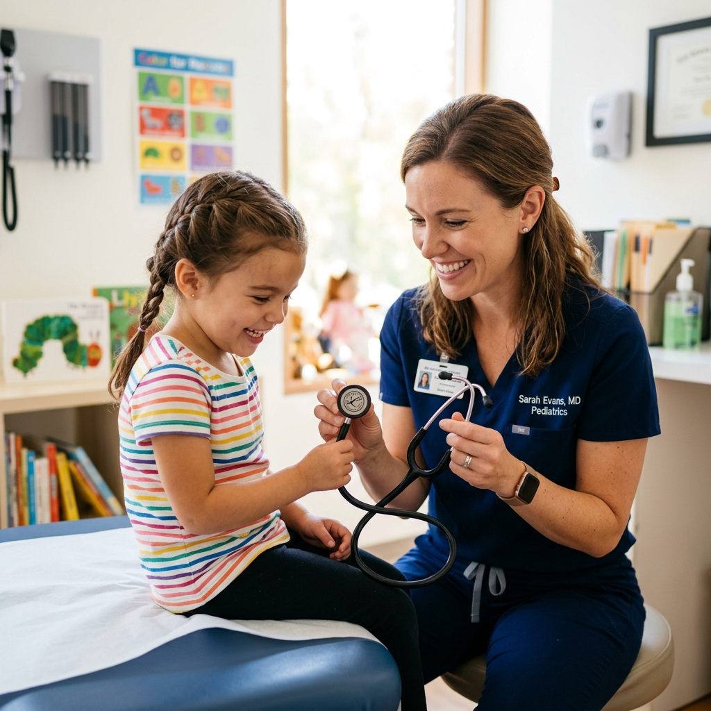 A friendly medical checkup with a child, showing family health care coverage